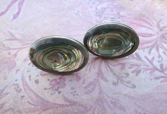 Vintage Taxco Sterling Silver Abalone Shell Cufflinks Big Statement Links