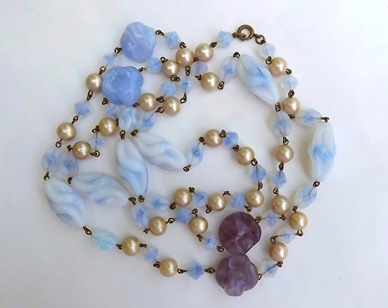 Vintage Miriam Haskell Blue Opal Poured Glass Beads Sautoir Necklace Iridescent Pearls Unsigned Era