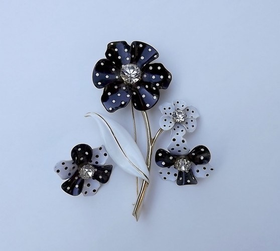 VINTAGE HUGE 4" POLKA DOT FLOWER PIN & EARRINGS SET 1960'S SIGNED AVON n r