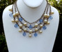 Early MIRIAM HASKELL Necklace  3 Strand Pearls & Faceted Blue Crystal Beads Big Ornate Clasp