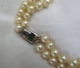 Vintage Classic Vogue 2 Strand Glass Pearls Necklace Emerald Glass Clasp Diamante Brilliants  Old Costume Jewelry