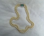 Vintage Classic Vogue 2 Strand Glass Pearls Necklace Emerald Glass Clasp Diamante Brilliants  Old Costume Jewelry