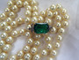 Vintage Classic Vogue 2 Strand Glass Pearls Necklace Emerald Glass Clasp Diamante Brilliants  Old Costume Jewelry
