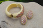 Vintage Pink AB Rhinestones Lucite Clamper Bracelet Earrings Cream Thermoset Plastic