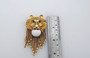 Vintage DeNicola Lion Head Brooch Gold Herringbone Chains Milk Glass Cab Big Pin