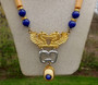 RARE jewelry Signed Donald Stannard Winged Twin Lions  Necklace Cobalt Blue & Huge Cylinder Plastic Beads