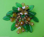 Early MIRIAM HASKELL Pin HAND WIRED GLASS BEADS LEAVES FLOWERS Brass Metal CHAIN