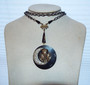 Art Deco Egyptian Lavalier Pendant, Black Celluloid, Brass Pharoah, Pave Rhinestones, Crescent Moon Necklace