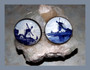 Antique Victorian Dutch Windmill Delft  Blue Porcelain Sterling Silver Brooch Pins Pair