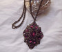 Vintage Czech Pendant Purple Rhinestones Embossed Chain Necklace Victorian Revival