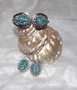 Judy Lee Clamper Bracelet Earring's Set Rare Indented Turquoise Mercury Glass Cabs Juliana For Judy Lee