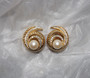 Vintage Christian Dior Gold Big Pearl Rhinestone Clip Earrings Nautilus Swirls