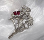 Art Deco Flower Spray Pin, Ruby Glass, Paste Stones, Pave Rhinestones, Pot Metal, Likely Boucher