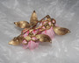 Vintage Crown Trifari Pink Green Enamel Flower Brooch 2 Blooms High Relief Pin