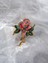 Vintage 1930's - 40's Enameled Coro Brooch Pink Rose Pave' Rhinestone Pin Green Enamel Leaves