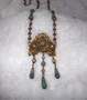 Vintage Max Neiger Czech Necklace Turquoise Glass 30 '" long W/ Large Ornate Pendant And Drop Dangles
