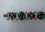 Victorian Revival Ornate Book Link Bracelet, Glass Chrysoprase Cabs, Rhinestones, Czech Hungarian