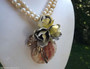 VTG ENAMELED FLOWER on SEASHELL NECKLACE 2 STRANDS Glass PEARLS with GLASS BEADS