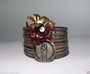 VTG RELIGIOUS WIDE CUFF BRACELET~CELLULOID FLOWERS~OUR LADY of  SNOWS MEDAL