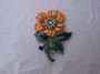 1930's Big  Enamel FLOWER Pin Rhinestones Gorgeous Vibrant Orange Yellow Color Art Deco Brooch old Costume Jewelry