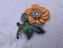 1930's Big  Enamel FLOWER Pin Rhinestones Gorgeous Vibrant Orange Yellow Color Art Deco Brooch old Costume Jewelry