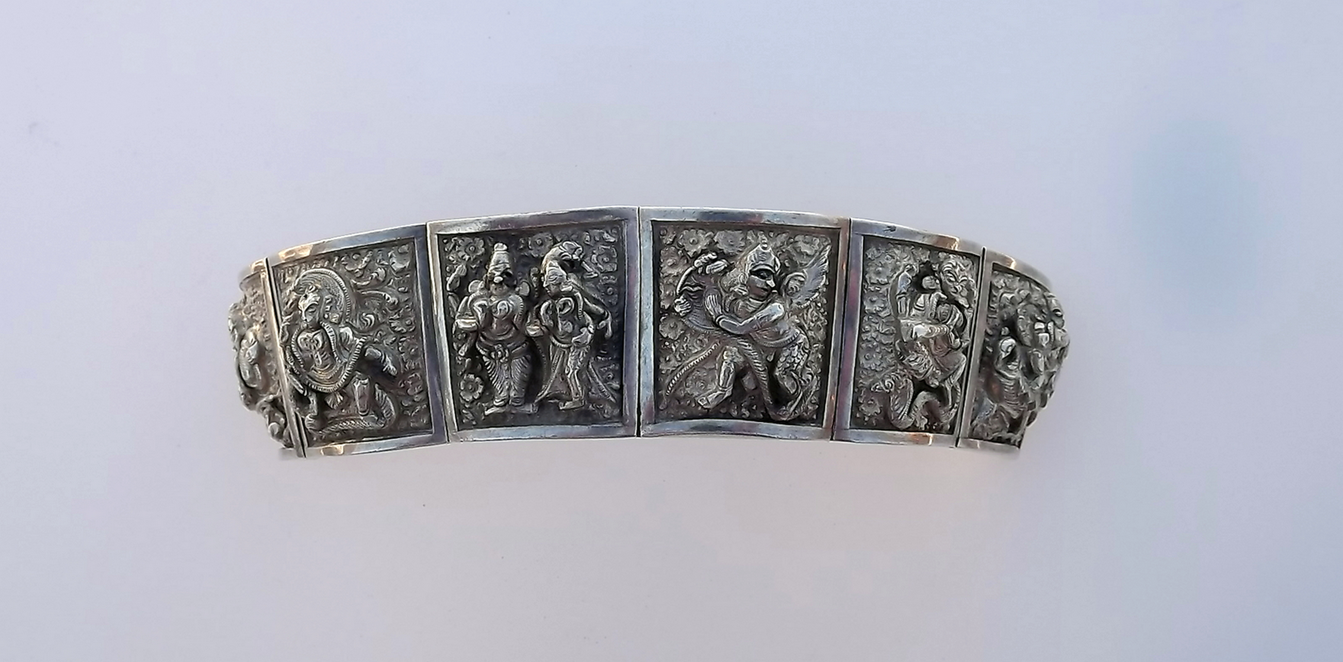 Antique Asian Buddhist Gods Repousse Sterling Silver Heavy Bracelet Rare  Wide Tapered Old Costume Jewelry