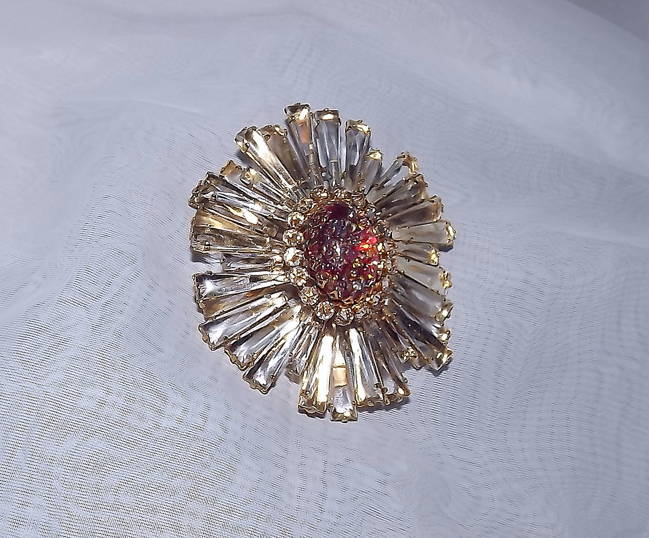 Vintage SCHREINER Large Topaz Amber Rhinestone Textured Antique Gold Tone  Dog Tooth Setting & Buttercup Mounting Floral Brooch Pin Unsigned 