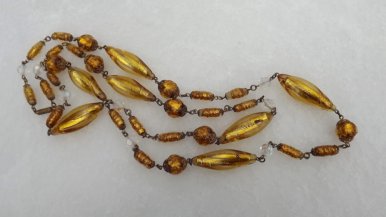 Rare French Louis Rousselet Gold Foil Glass Beads Necklace 44