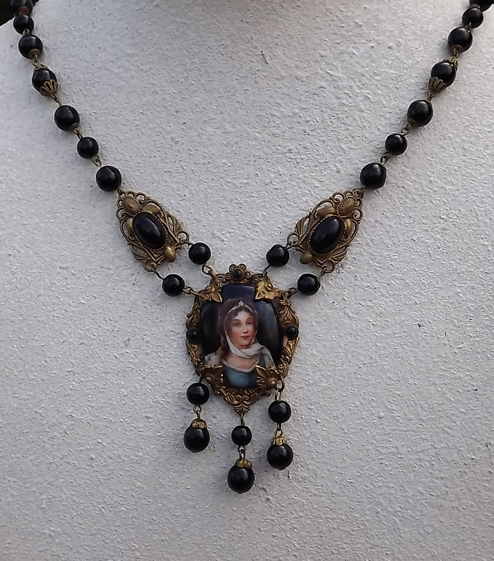 Signed Czech Lady S Portrait Necklace Pendant Likely Rare Max Neiger Ornate Brass Black Glass Beads
