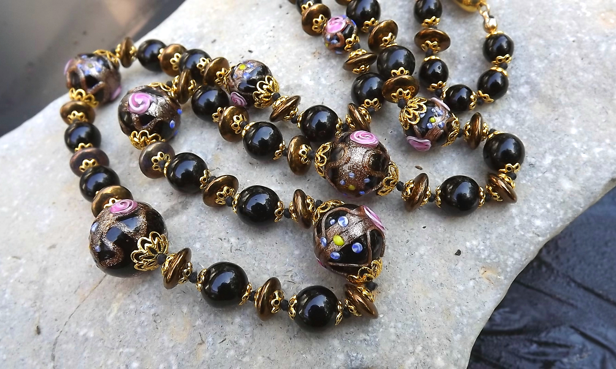 Exquisite, Gold Aventurine, Venetian, Wedding Cake Beads Necklace, Murano  Italy, Black Glass Beads, Enamel Pink Roses, 32 Long