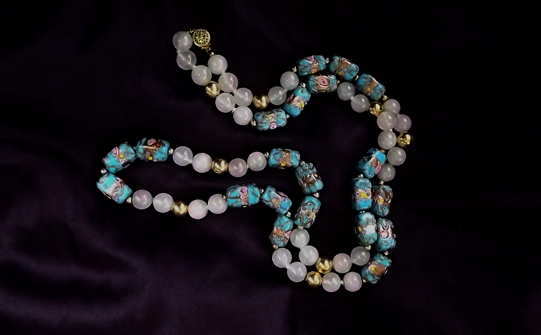 Murano Art Glass Bead Necklace Blue & Gold Stone Swirl - Ruby Lane