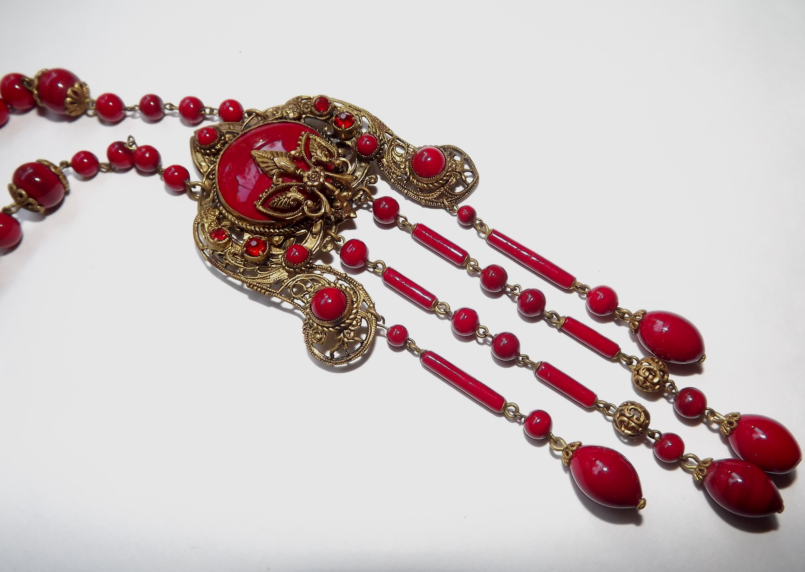 Czech Red Pressed Glass Bead Necklace - Garden Party Collection