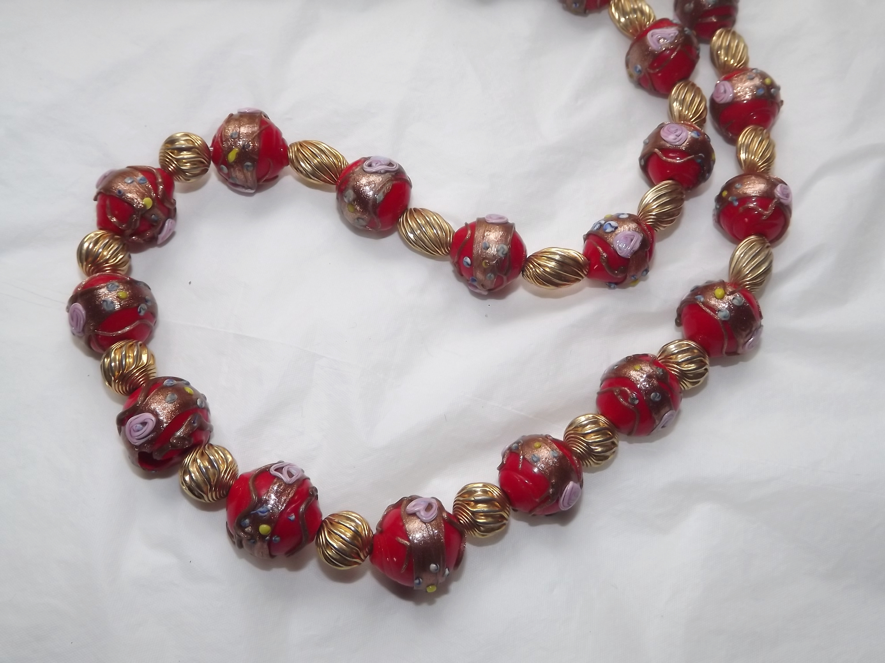 Venetian Red Glass Beads w/ Gold Flecks Necklace - Ruby Lane