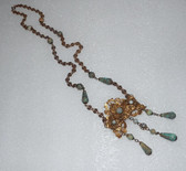 Vintage Max Neiger Czech Necklace Turquoise Glass 30 '" long W/ Large Ornate Pendant And Drop Dangles