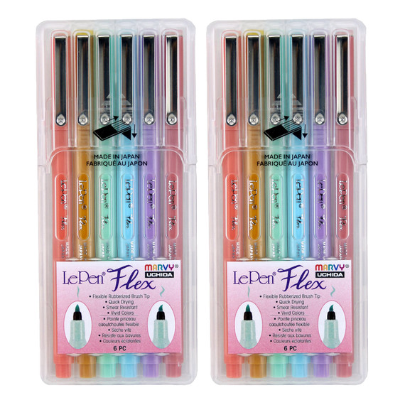 LePen Flex Marker, Brush Tip, Pastel, 6 Per Set, 2 Sets