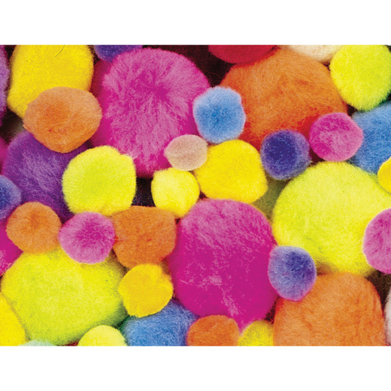 Pom Poms, Hot Colors, Assorted Sizes, 100 Per Pack, 2 Packs
