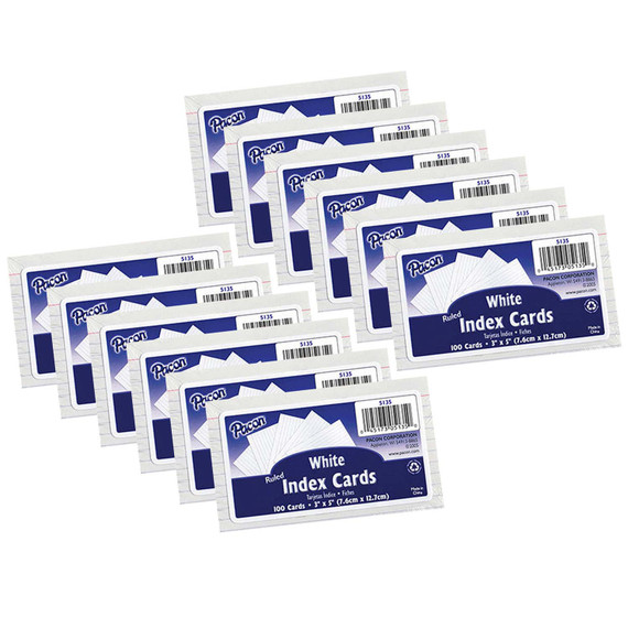 Index Cards, White, Ruled, 1/4" Ruled 3" x 5", 100 Per Pack, 12 Packs