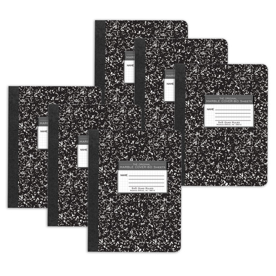 Composition Book, 5x5 Graph, 80 Sheets, 9.75" x 7.5", Black Marble, Pack of 6