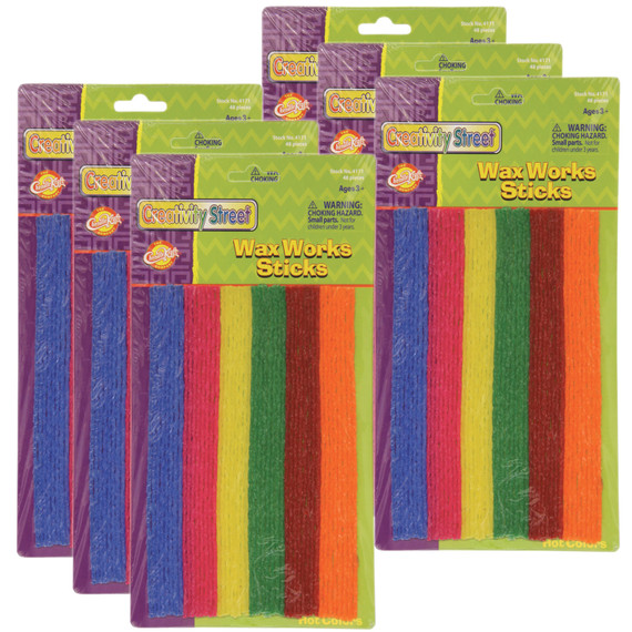 Wax Works Sticks, Assorted Hot Colors, 8", 48 Per Pack, 6 Packs