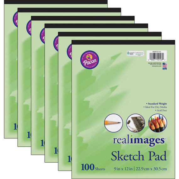 Sketch Pad, Standard Weight, 9" x 12", 100 Sheets, Pack of 6