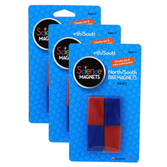 North/South Bar Magnets 3", Red/Blue Poles, 2 Per Pack, 3 Packs