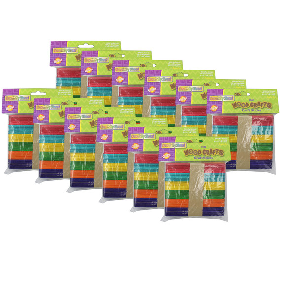 Regular Craft Sticks, Bright Hues Assorted, 4 1/2" x 3/8" x 2mm, 150 Per Pack, 12 Packs
