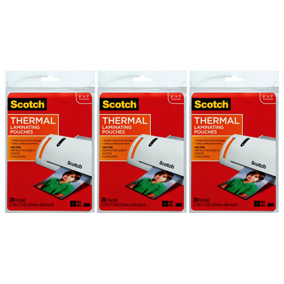 Thermal Laminating Pouches, 5 mil, 5" x 7", 20 Per Pack, 3 Packs