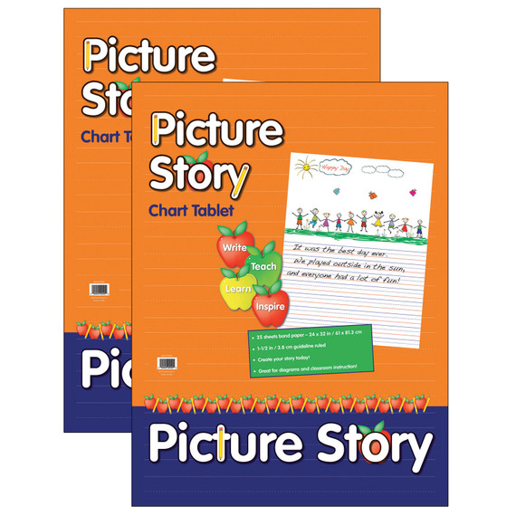 Picture Story Chart Tablet, White, Ruled Short, 1-1/2" Ruled, 24" x 32", 25 Sheets, Pack of 2