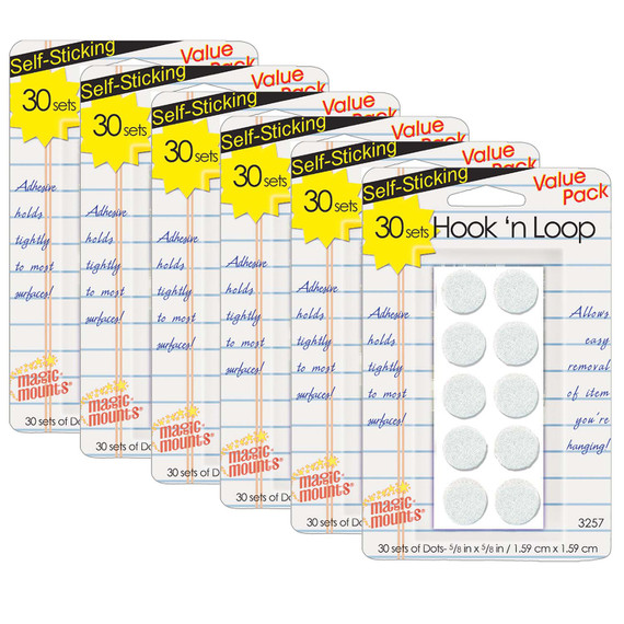 Hook N Loop Dots, 5/8", White, 30 Per Pack, 6 Packs