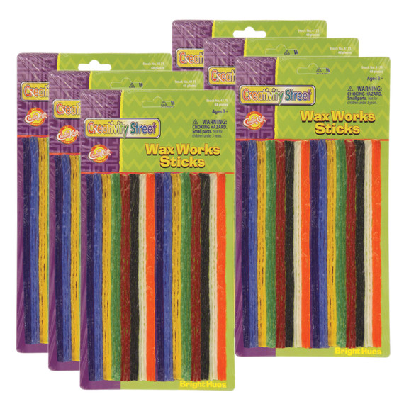 Wax Works Sticks, Assorted Bright Hues, 8", 48 Per Pack, 6 Packs