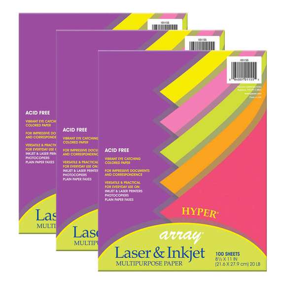 Hyper Multi-Purpose Paper, 5 Assorted Colors, 20 lb., 8-1/2" x 11", 100 Sheets Per Pack, 3 Packs