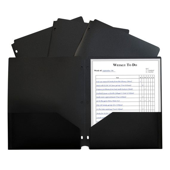 Two-Pocket Heavyweight Poly Portfolio Folder with Three-Hole Punch, Black, Pack of 12