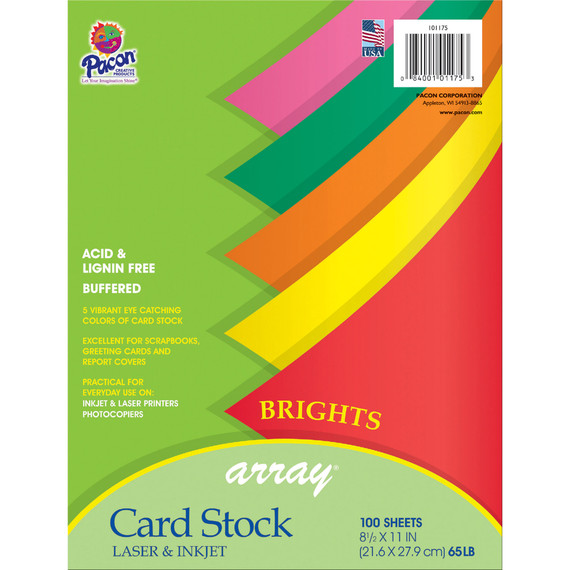 Bright Card Stock, 5 Assorted Colors, 8-1/2" x 11", 100 Sheets