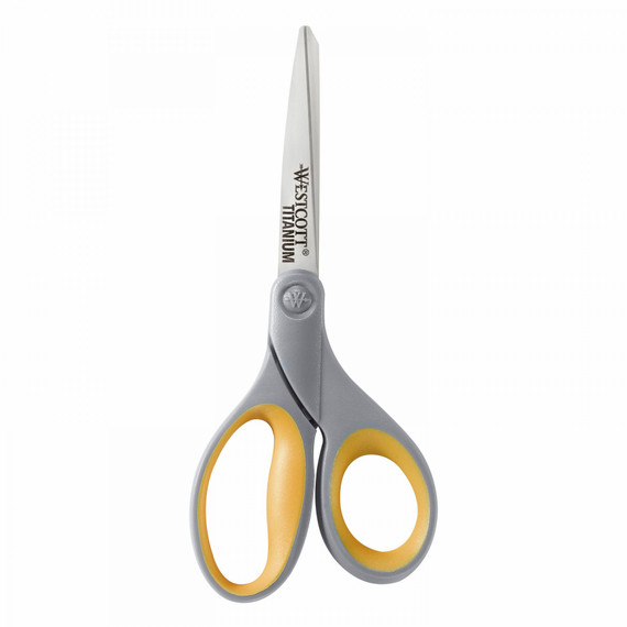 Titanium Bonded Scissors, 8" Long, 3.5" Cut Length, Straight Gray/yellow Handle